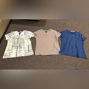 EUC! Get 3! Karen Scott womens M Shirts multicolor, Beige, Blue Polka Dot